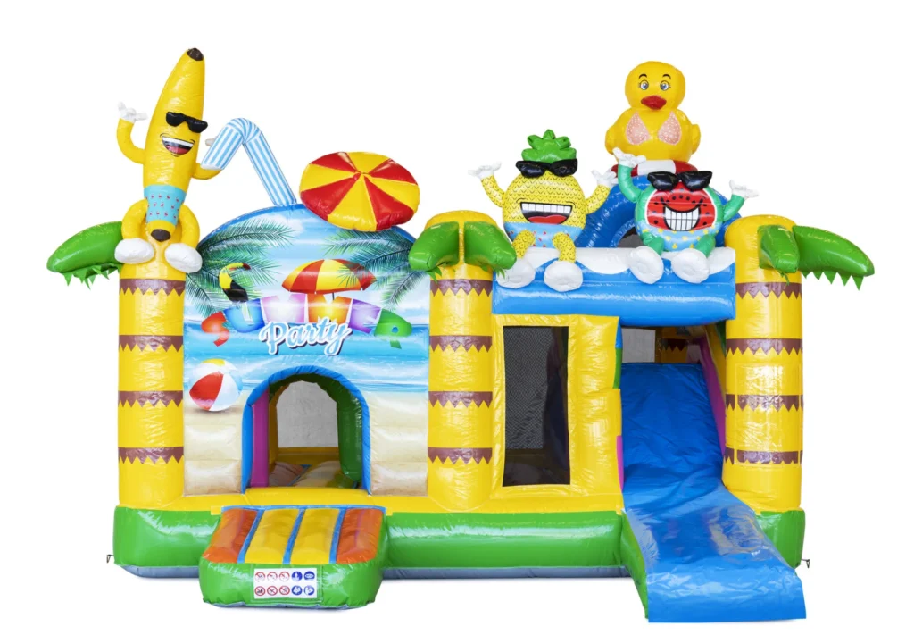 Springkussen met vrolijke fruitfiguren en zomerthema te huur in Ermelo