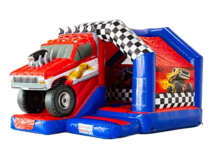 Rood-blauw monstertruck springkussen met glijbaan te huur