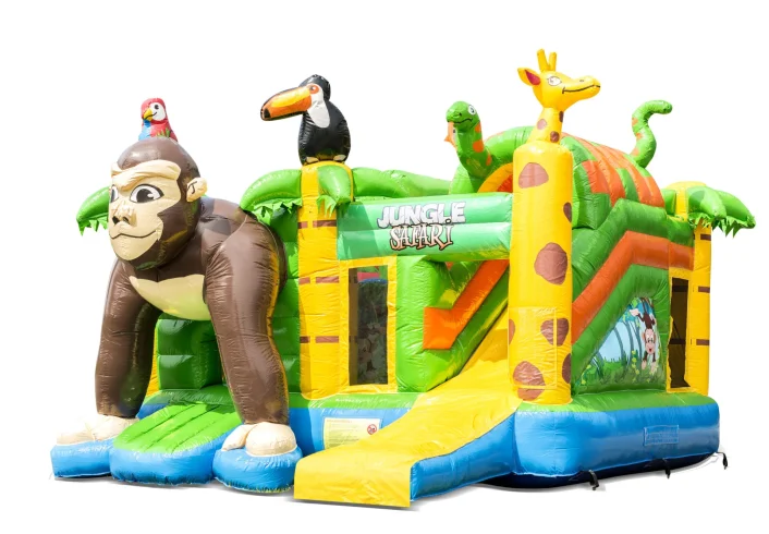 Jungle safari springkussen met glijbaan, gorilla en giraffe te huur